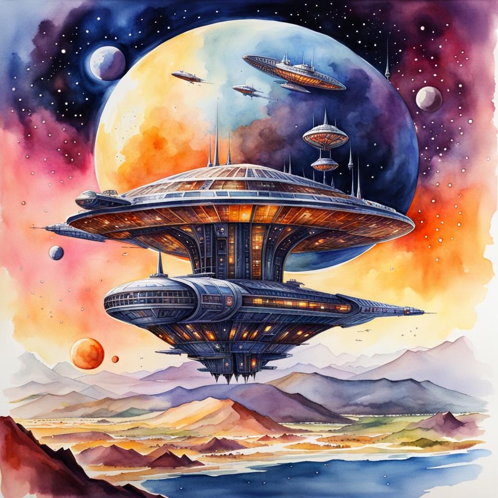 Intricate Spaceships Orbiting a Spaceport in Watercolor