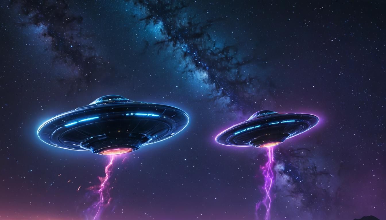 Neon Sci-Fi Flying Saucers Soaring in Starry Sky