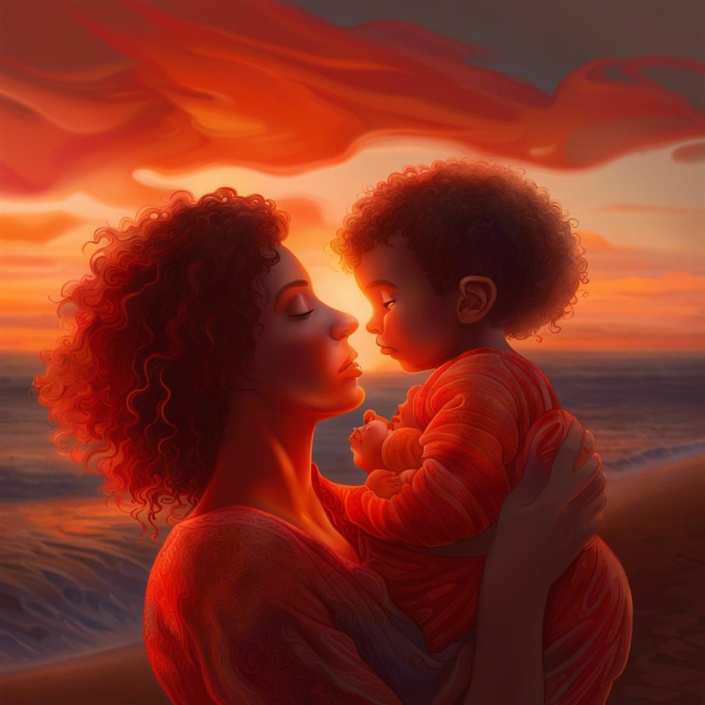 Mother and Child at Sunset: Hyperrealistic Splash Art
