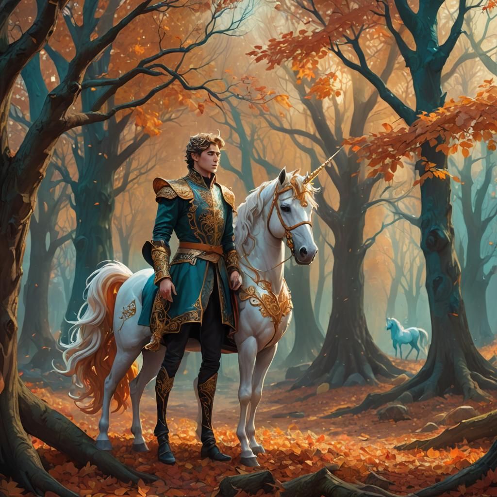 Autumn Prince and Unicorn in Enchanted Forest