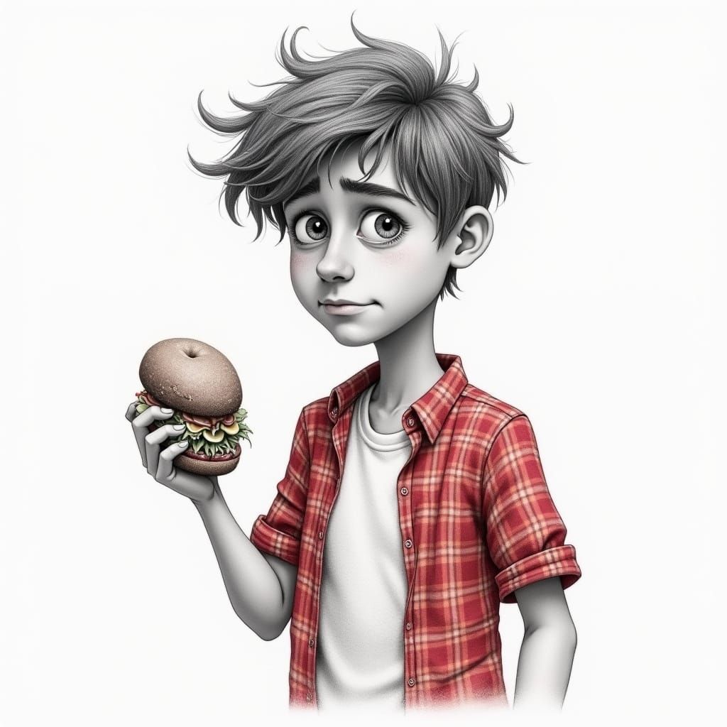 Detailed Graphite Pencil Sketch of Man with Sandwich