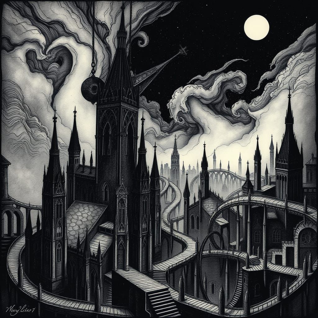 Dark, Dreamlike Cityscape in Intaglio Style