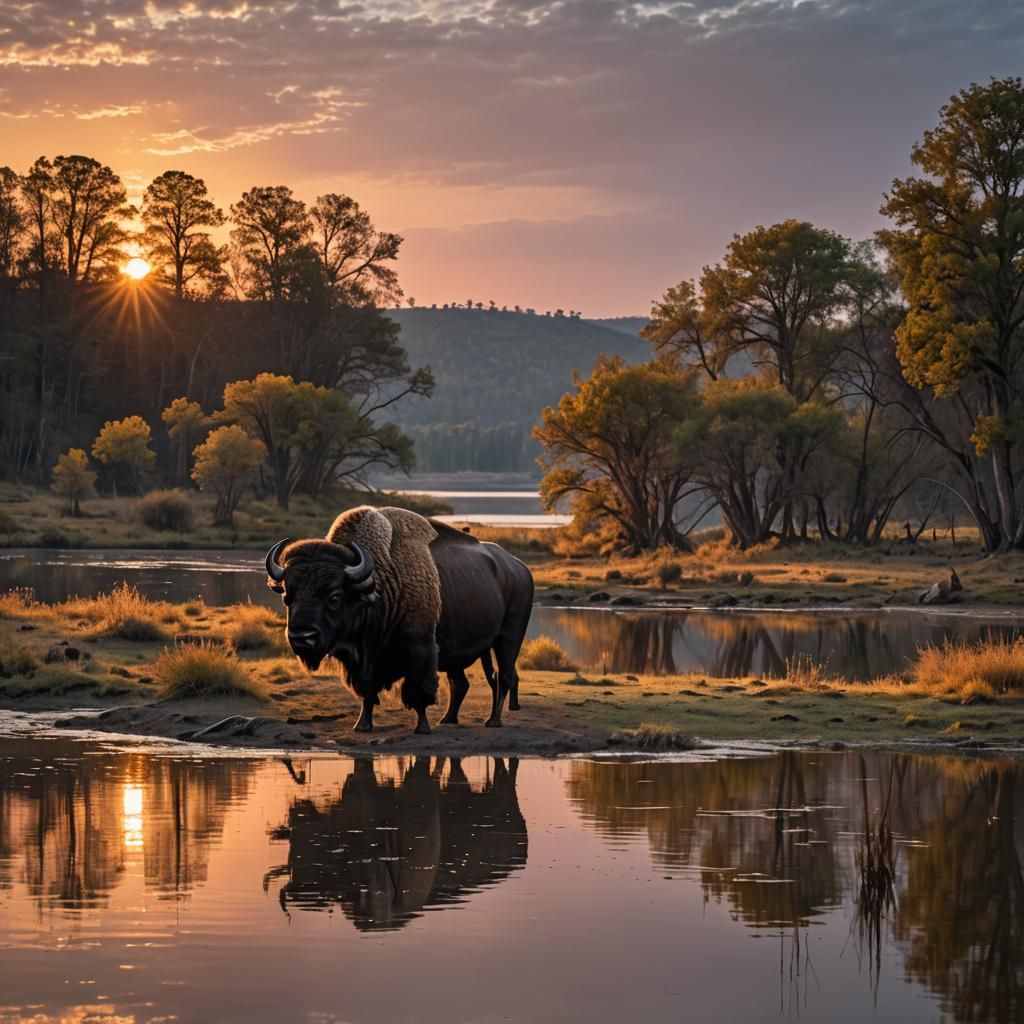 Buffalo at Sunset by Shimmering Lake