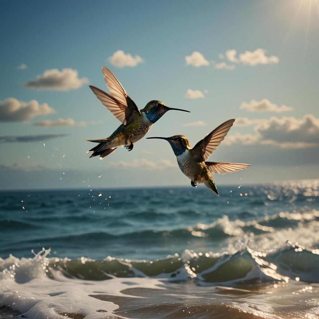 Baby Hummingbird Hovering Above Ocean Waves