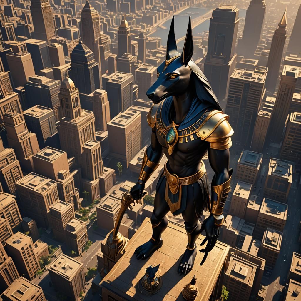 Anubis in Modern City: Detailed Matte Painting