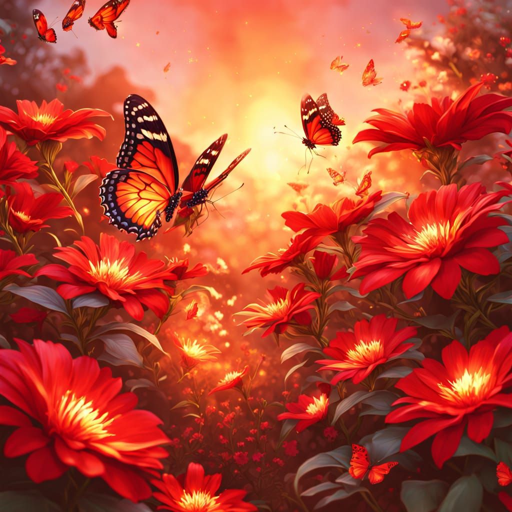 Fire Red Butterflies in Hyper-Realistic Digital Art