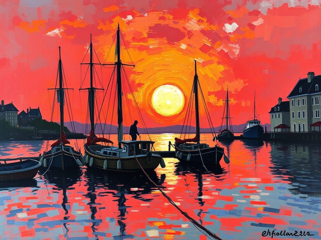 Impressionist Red Sunset at a Bustling Fishing Harbour