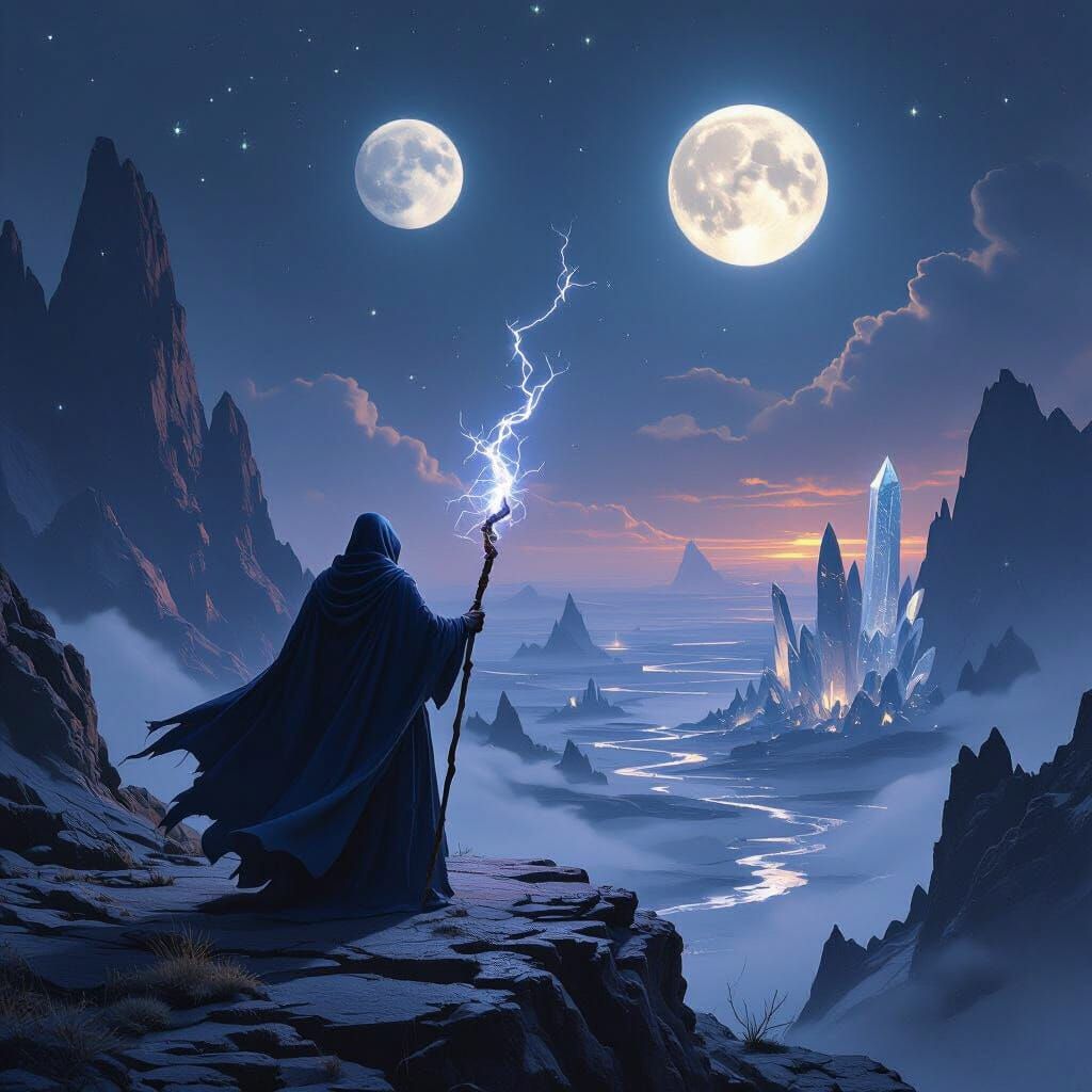 Wizard on Cliff Overlooking Alien World with Two Moons