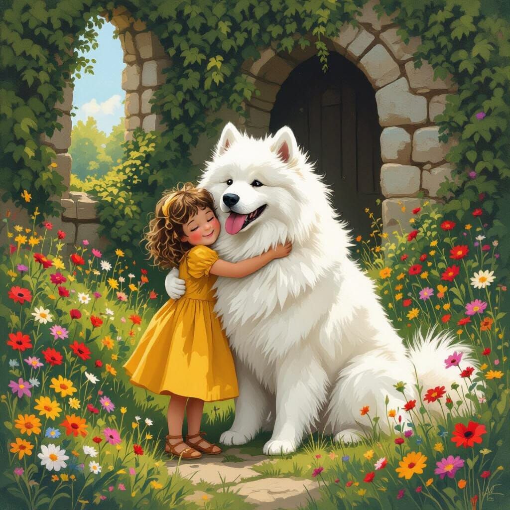 Joyful Reunion: Child and Dog in Ancient Ruins