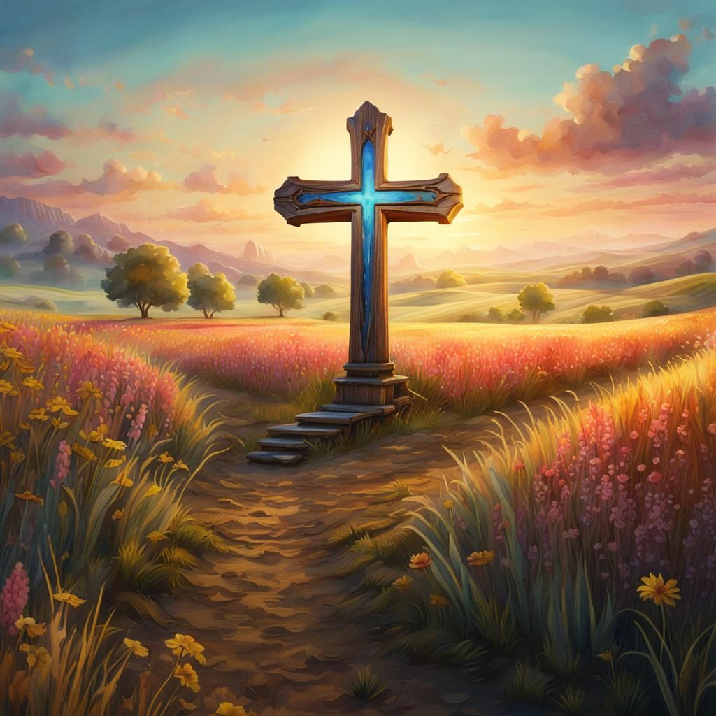 Whimsical Watercolor of Wooden Cross in Field