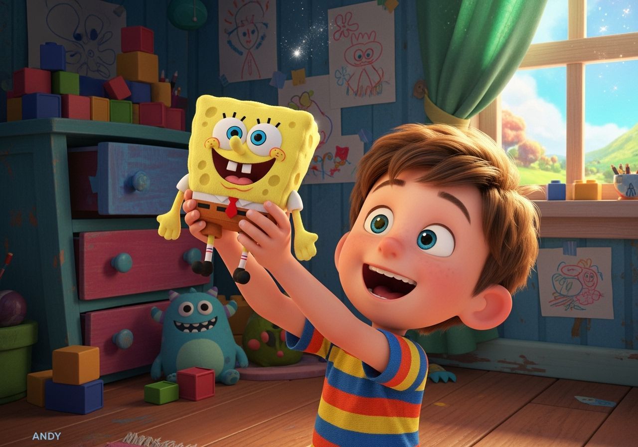 Boy with SpongeBob Toy in Animated Style