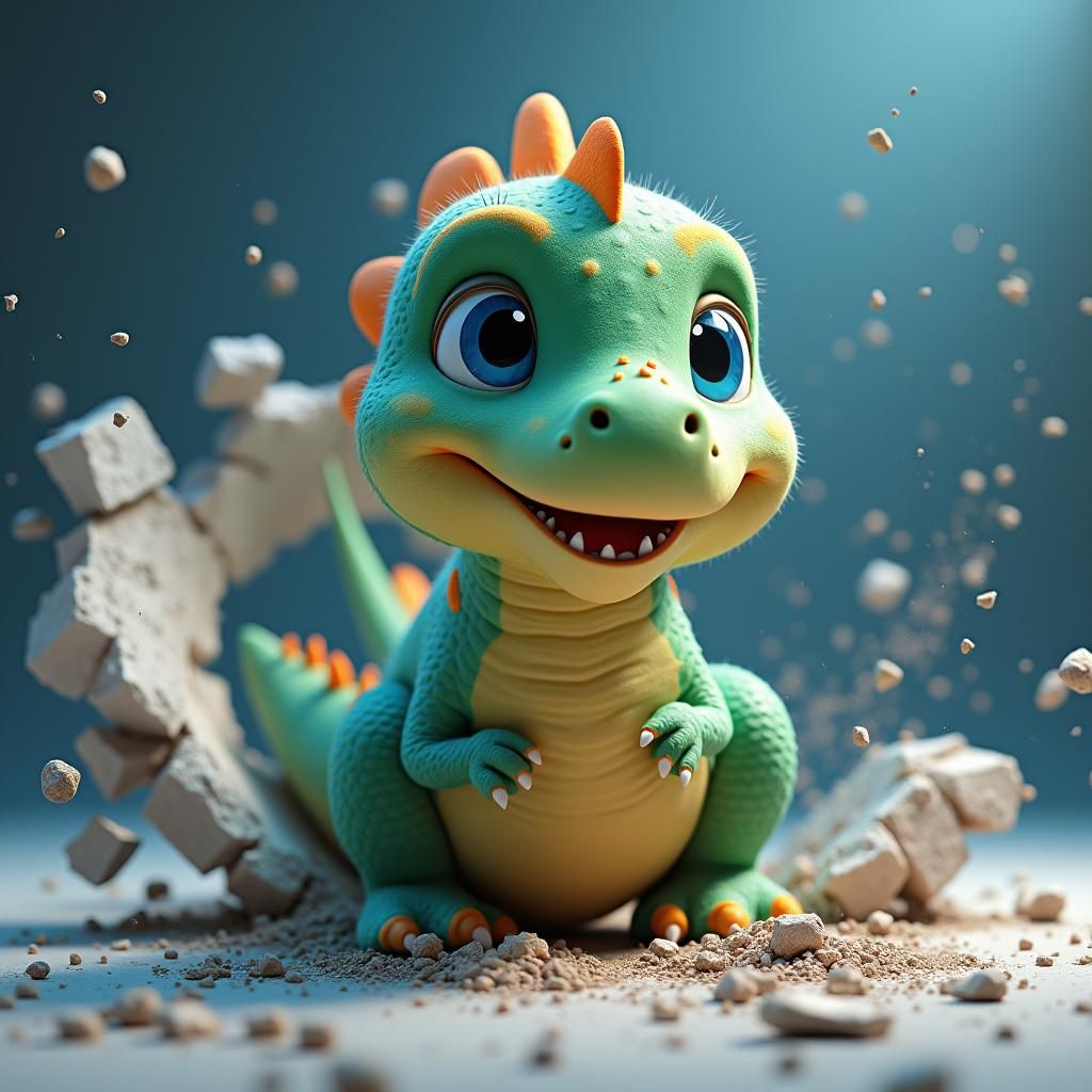 Happy Dinosaur Breaks Through Wall, 3D Cartoon