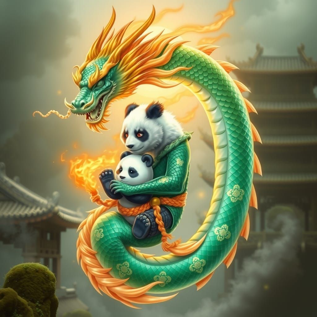 Majestic Jade Dragon Protects Serene Panda in Dynamic Kung F...