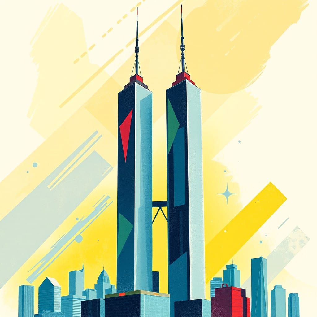 Vibrant, Textured Drawing of the Twin Towers in a Whimsical...
