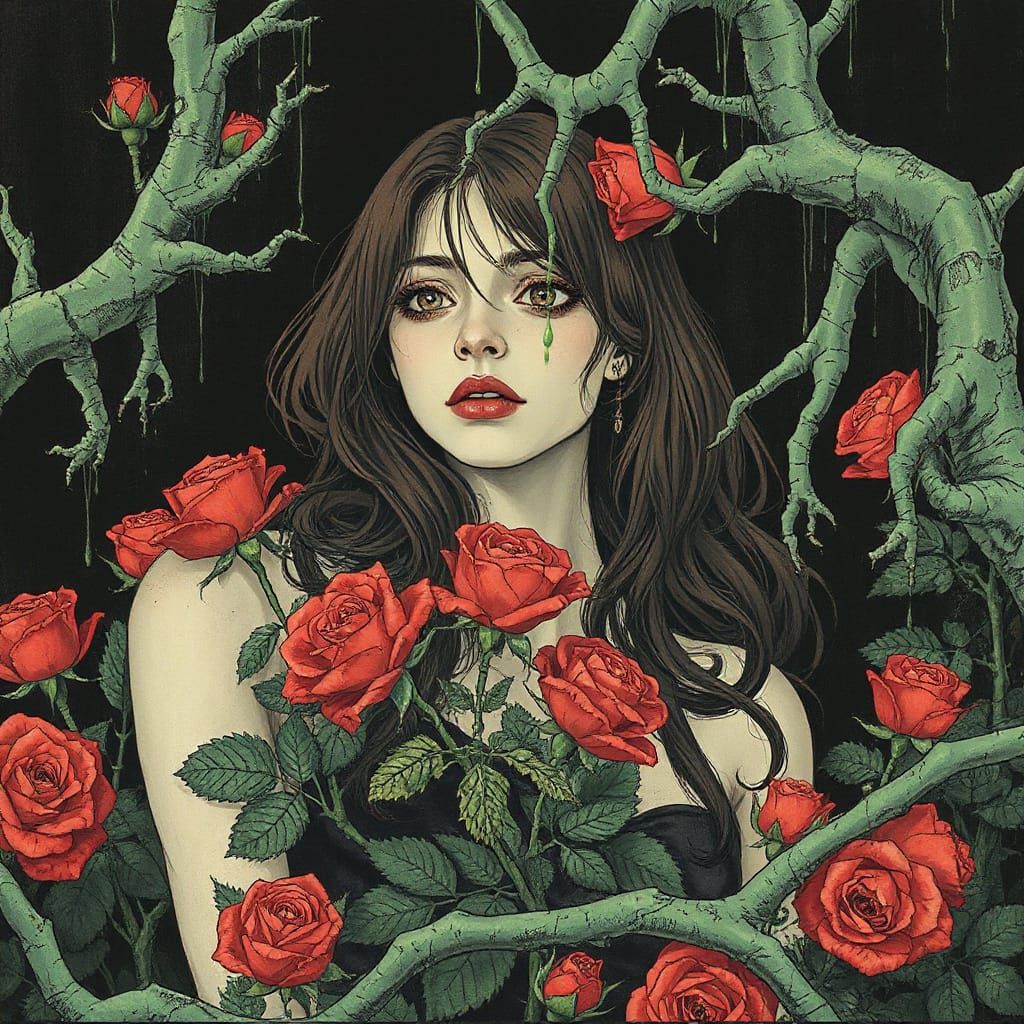 Eerie Garden: Green Blood on Red Roses