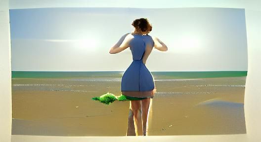 Woman in Green Dress on Sunny Beach