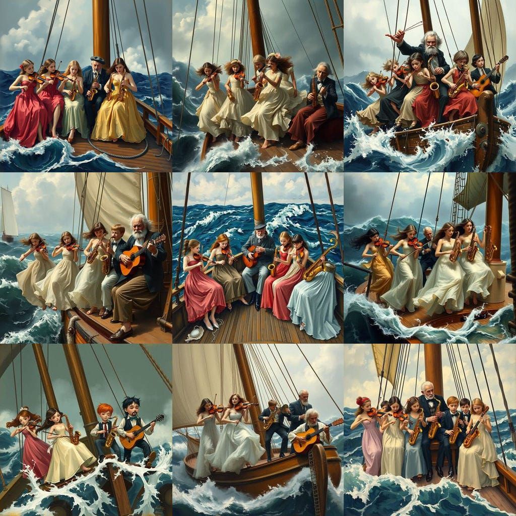 Musicians Perform on Sailing Ship During Storm