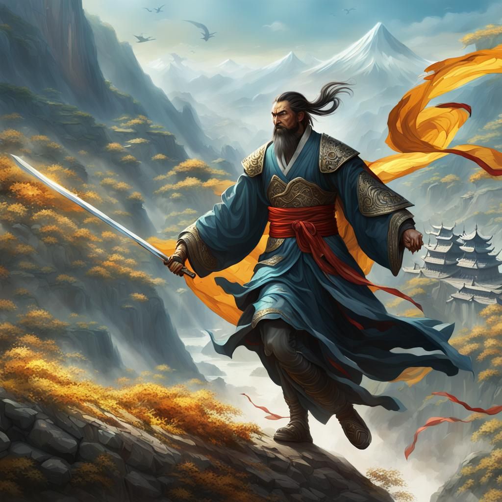 Chinese Immortal on Flying Sword in Dark Fantasy Style