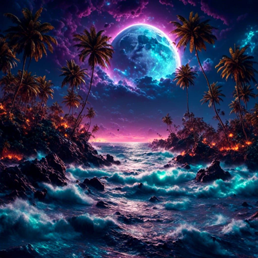 Mystical Ocean at Night With Iridescent Moon