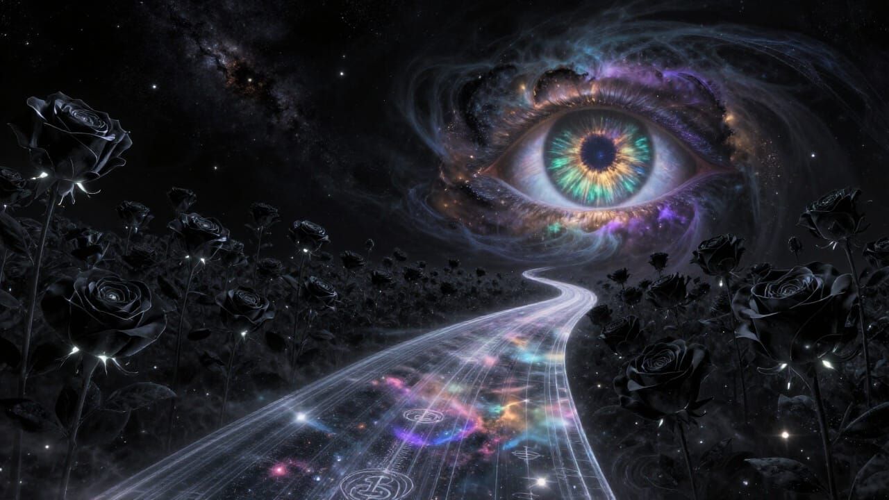 Cosmic Surrealism: Black Roses Bloom in Nebula Iris