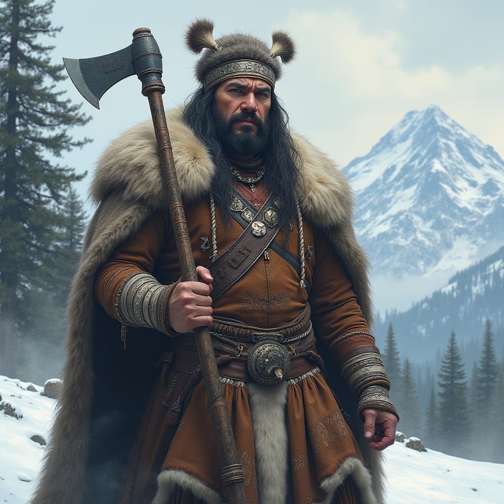Yakut Warrior with Axe in Snowy Landscape