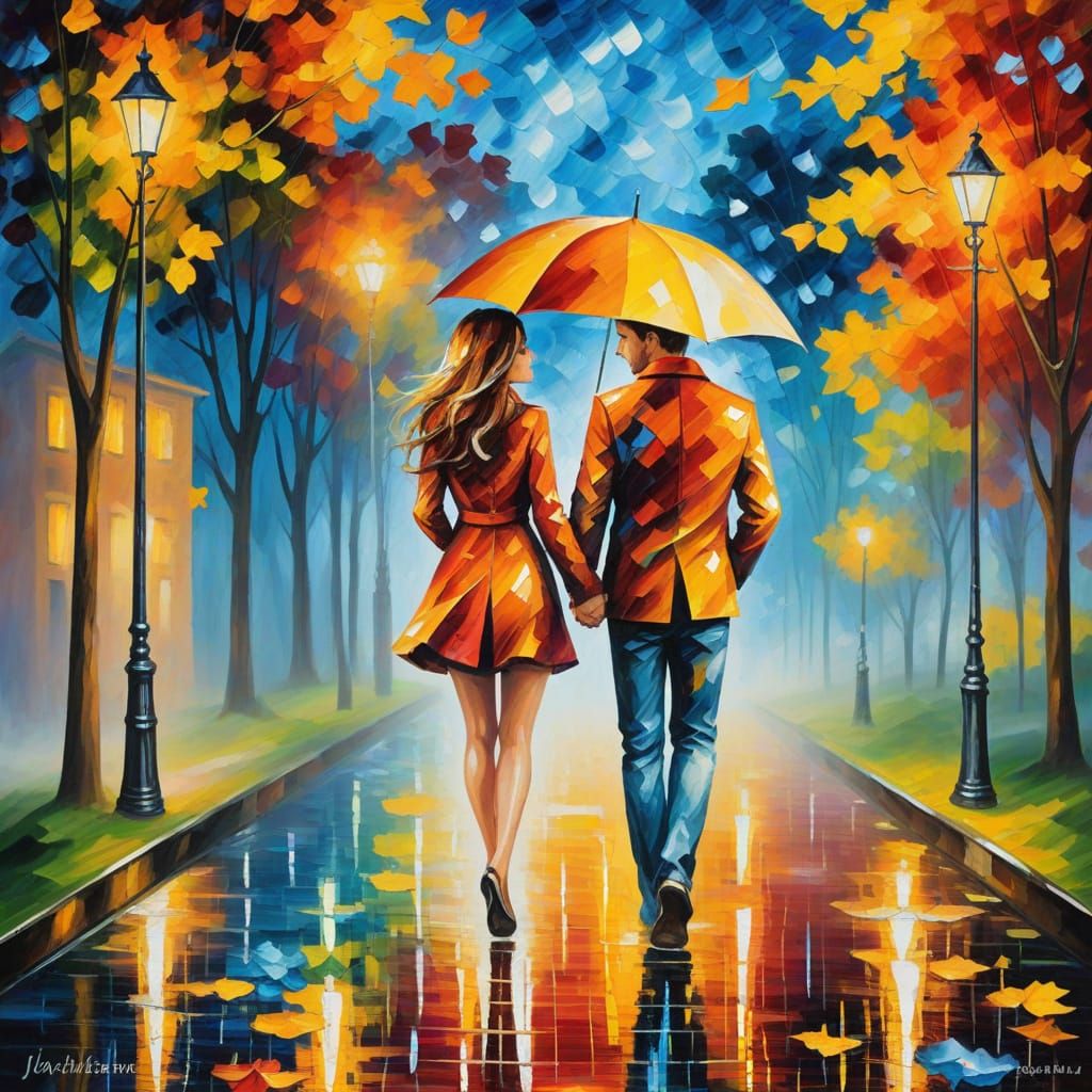 Rue sous la pluie, peinte dans le style de Leonid Afremov.