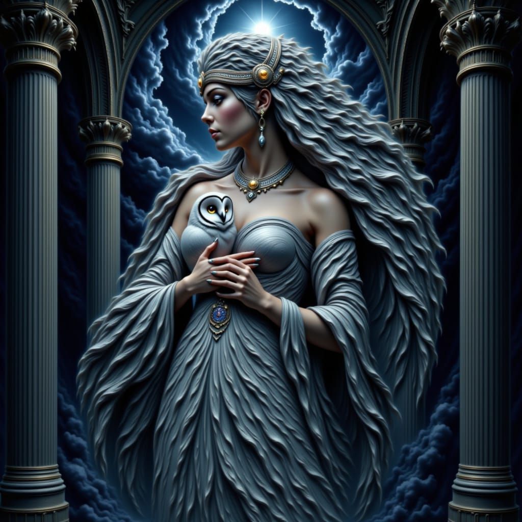 Athena in Silver Dress with Majestic Barn Owl