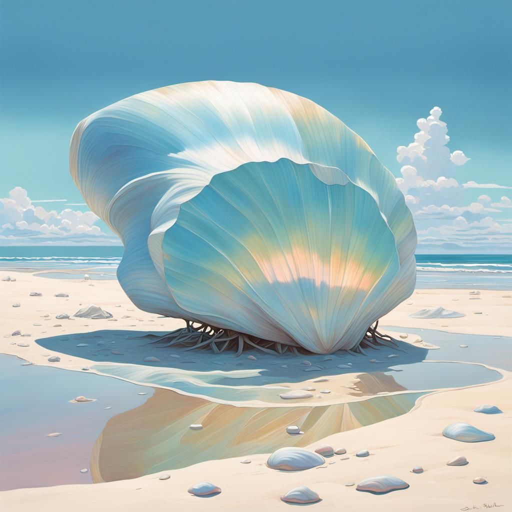 Luminous Mother-of-Pearl Shell on White Sand Beach
