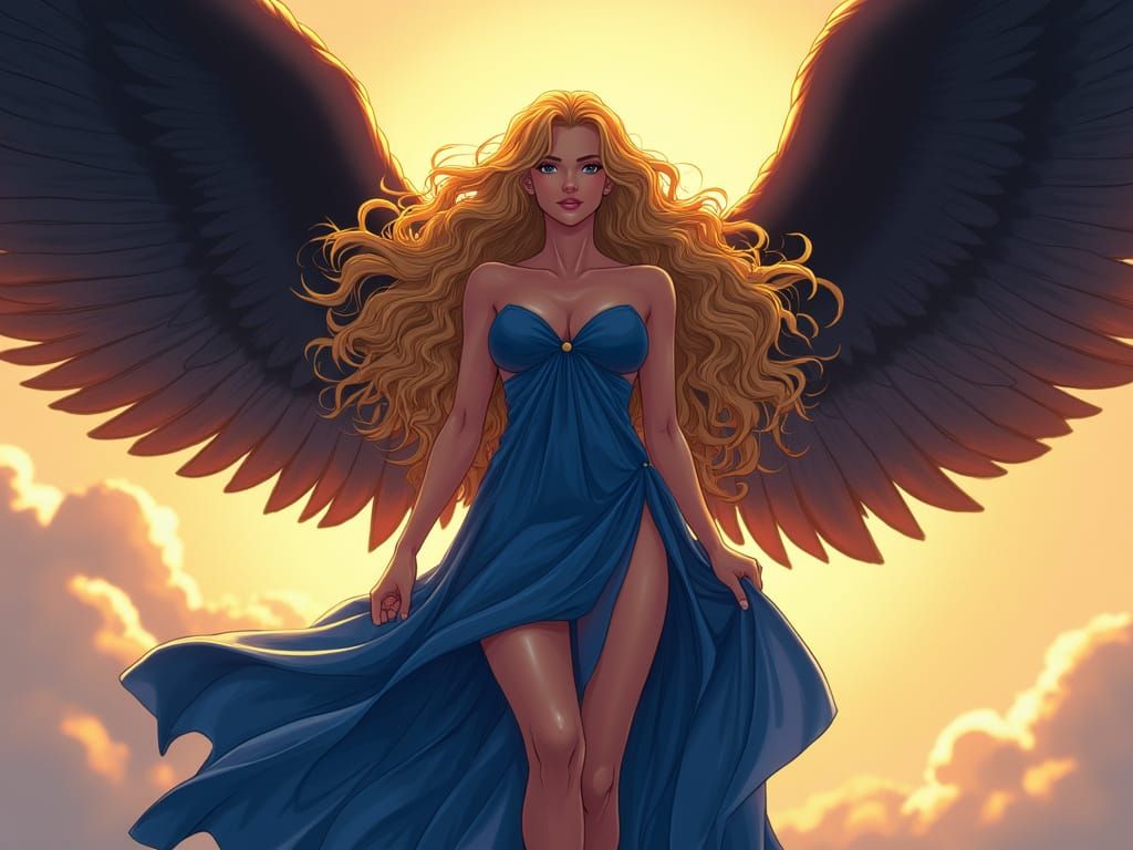 Courageous Woman with Majestic Wings in Vibrant Cel-Shaded S...