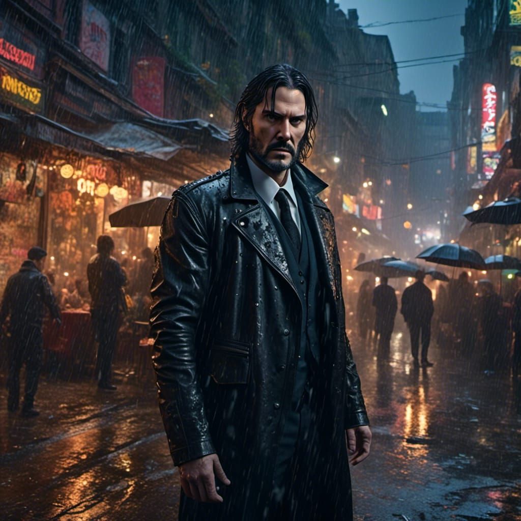Hyperrealistic John Wick Portrait in Burning City