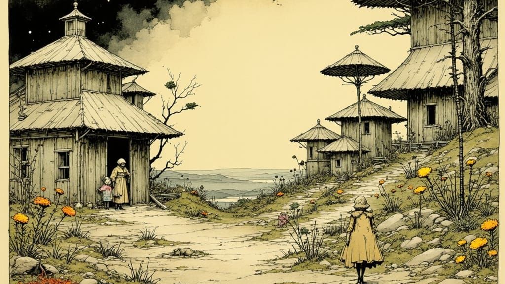 Alien Kibbutz in Arthur Rackham Style