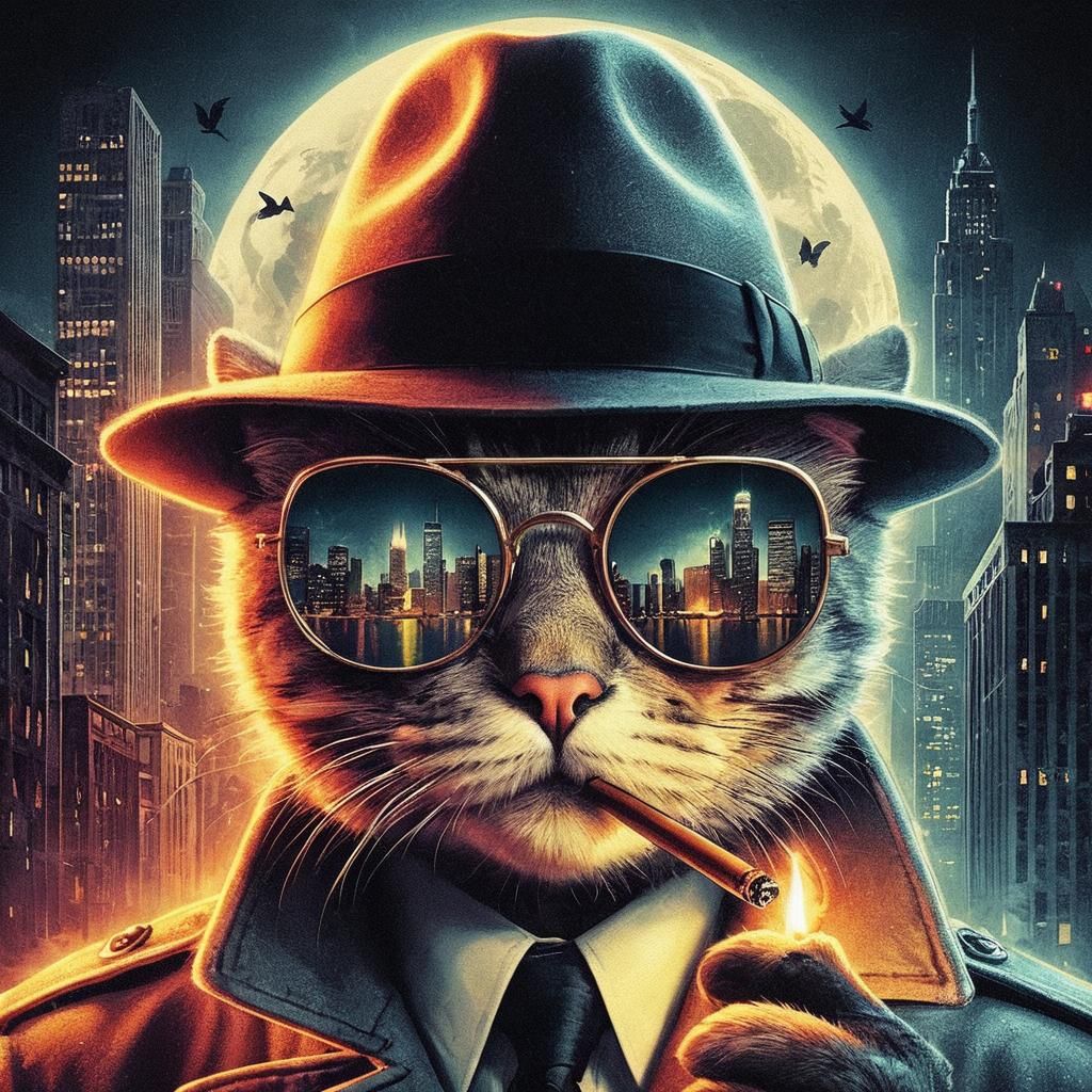 Cat Detective in Film Noir Chicago, Digital Art