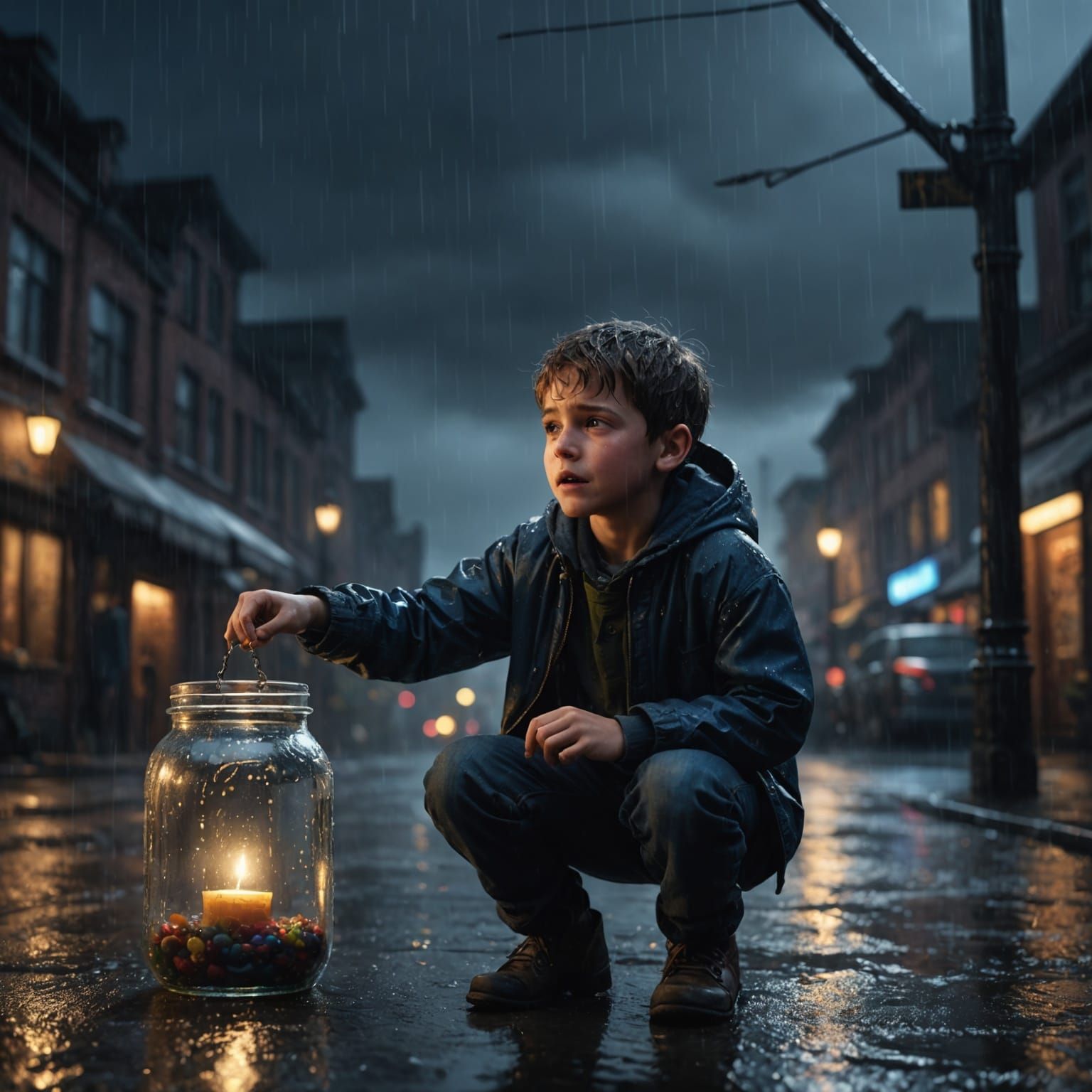 Boy Crying in Rain with Dreams and Reality Jars