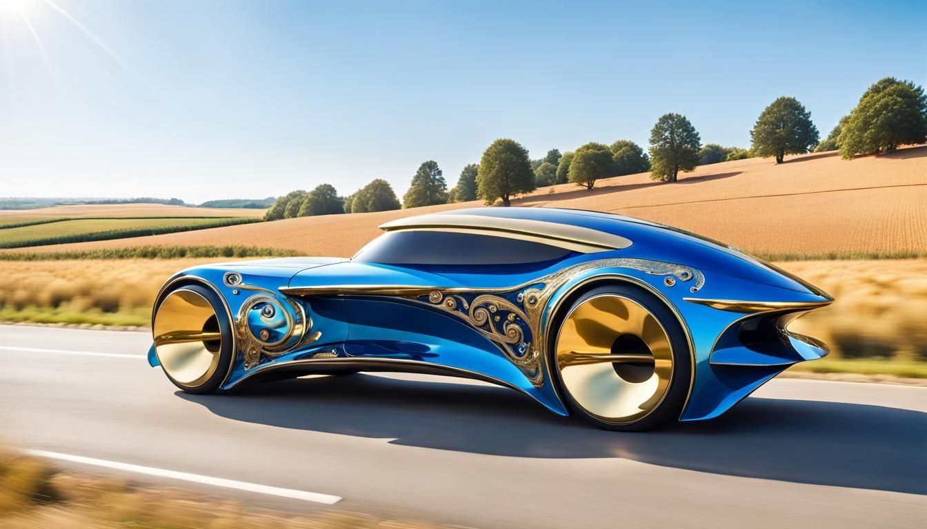 Sleek Futuristic Car Speeds Down a Country Road in Bright Su...