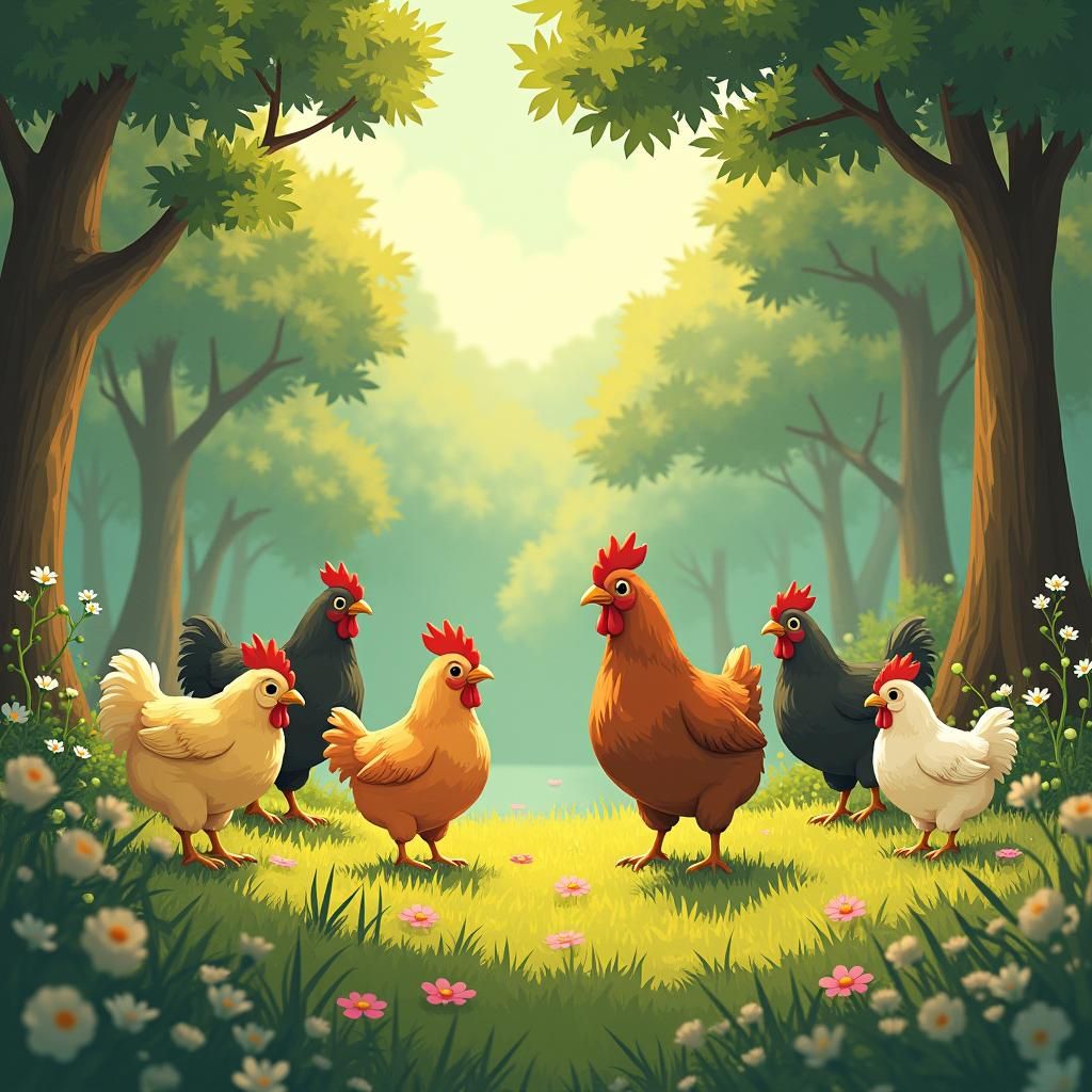 Ghibli-Style Chickens Foraging in Lush Forest