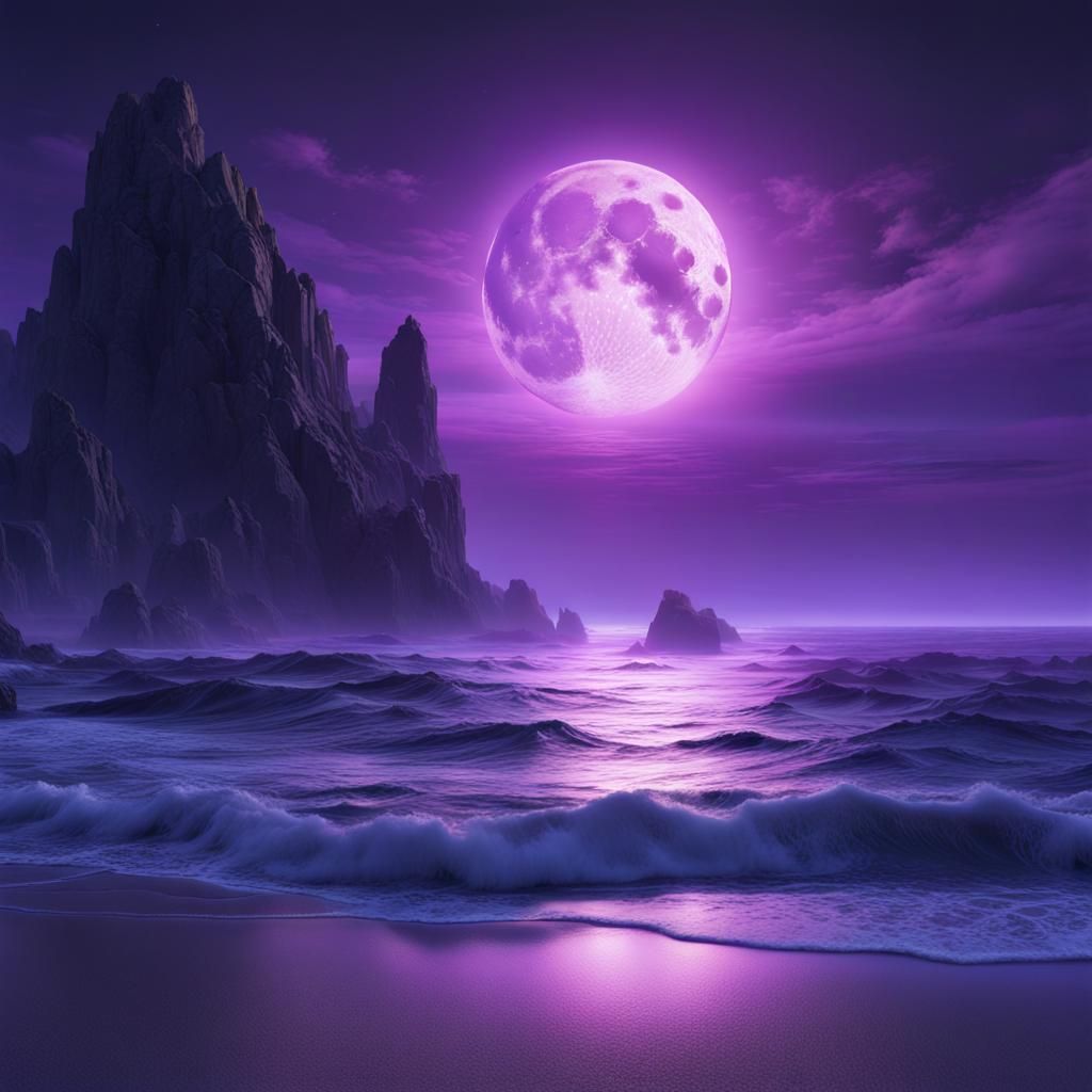 Mystical Ocean at Night with Iridescent Moon