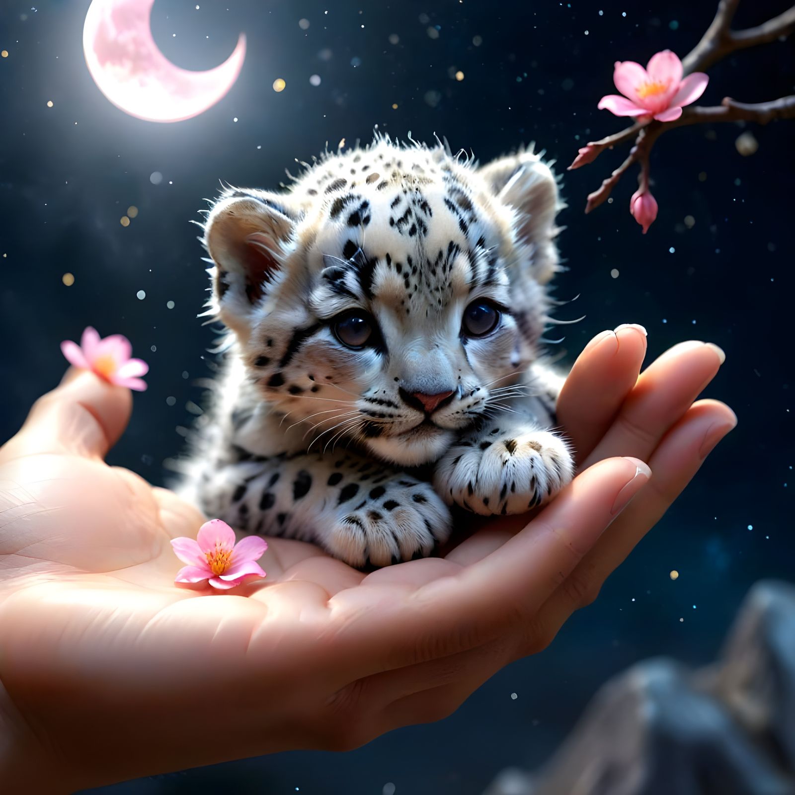Dreamy Snow Leopard Baby on a Glowing Crescent Moon