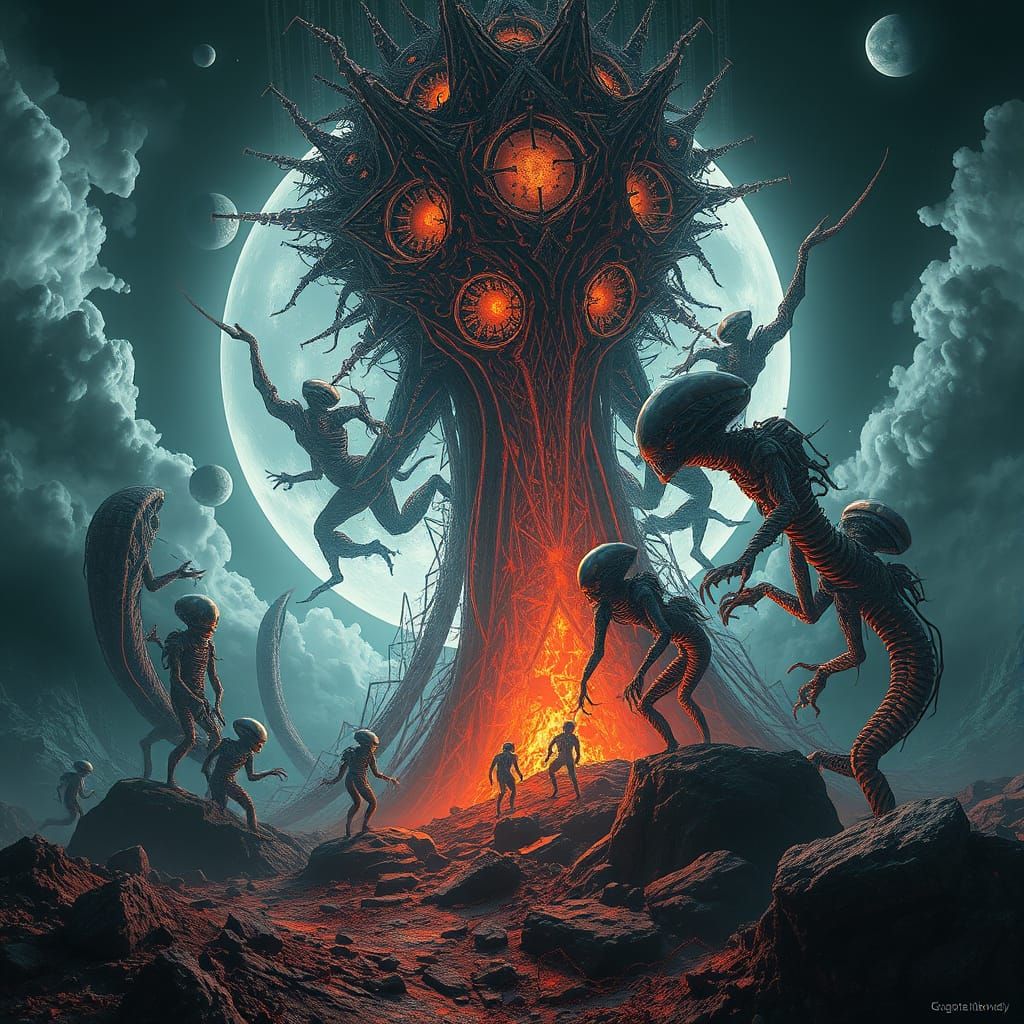 Aliens Harvest the Moon in a Cyberpunk Horror Scene