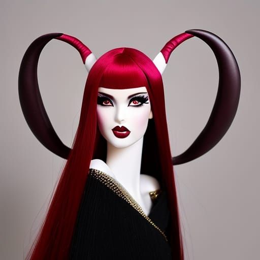 Aries Barbie with long crimson red hair wearing beautiful ram horns on her head& beautiful Amber colored eyes& black eye...
