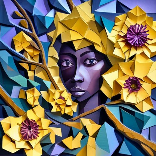 Purple-Eyed Girl Paper Sculpture in Geometric Fauvism Style