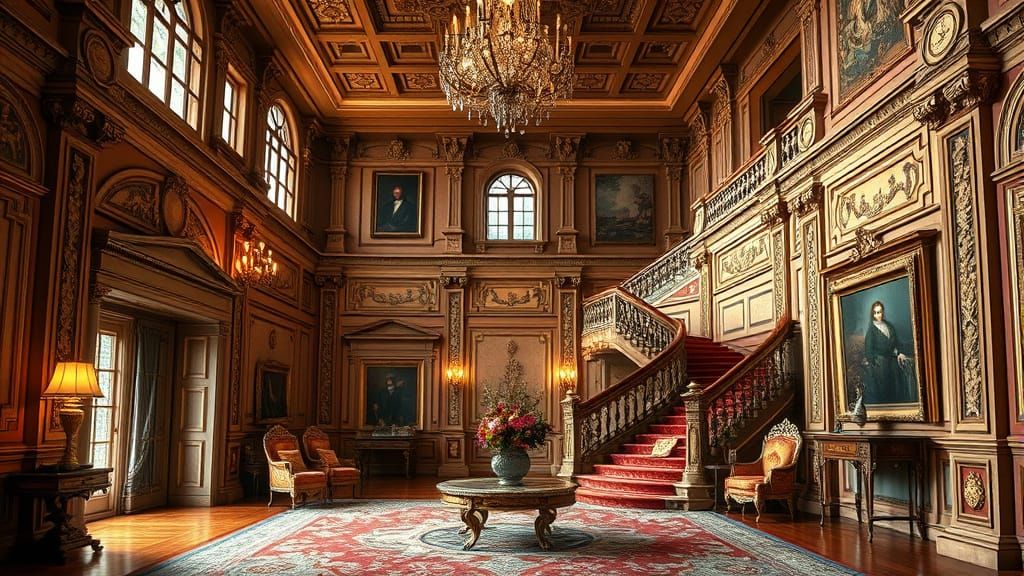 Elegant Empire Style Living Room with Grand Staircase