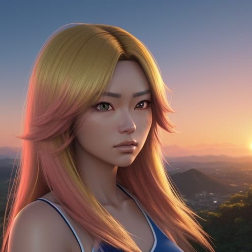 Anime Woman in Bikini on Sunset Hill
