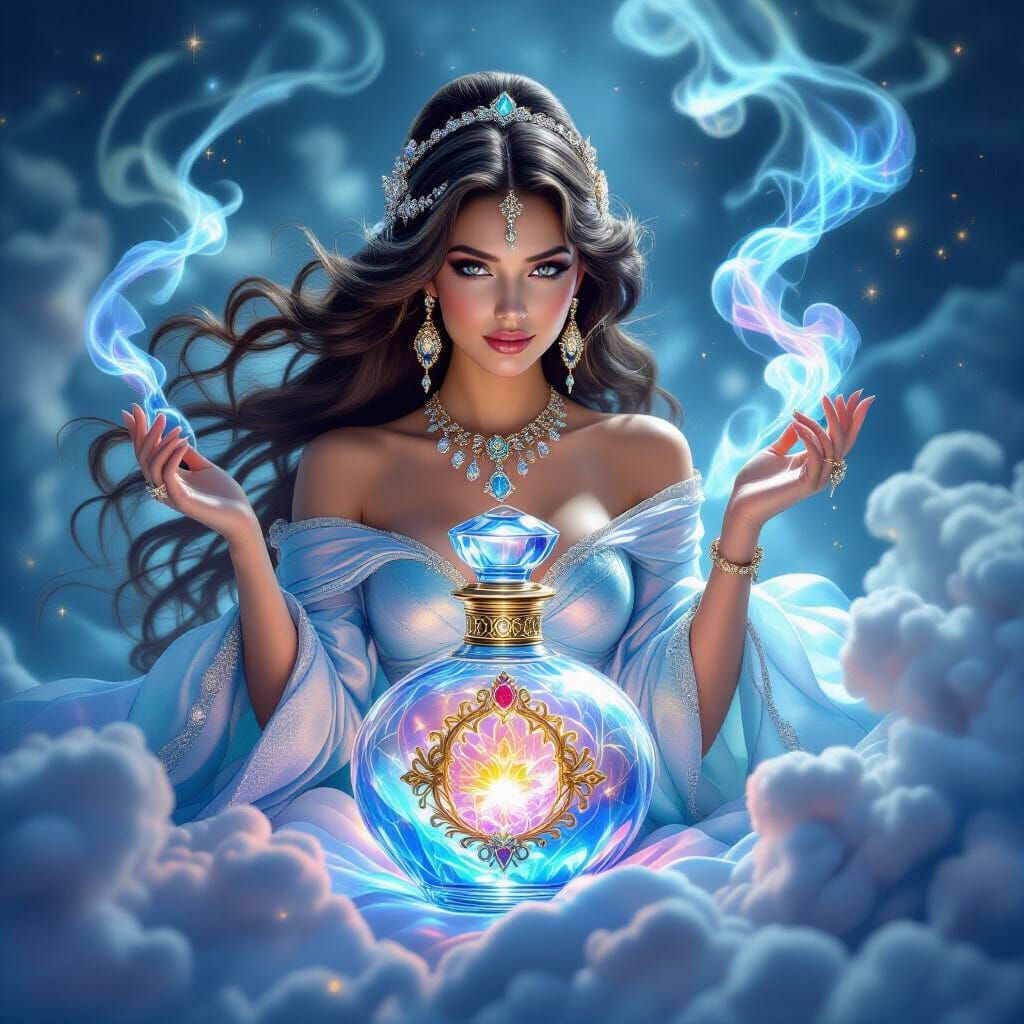 Genie Emerges from Faberge Bottle in Cosmic Surrealism