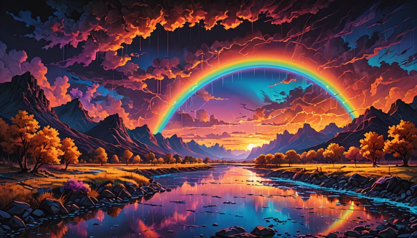 Fluorescent River Landscape with Rainbow Sunset