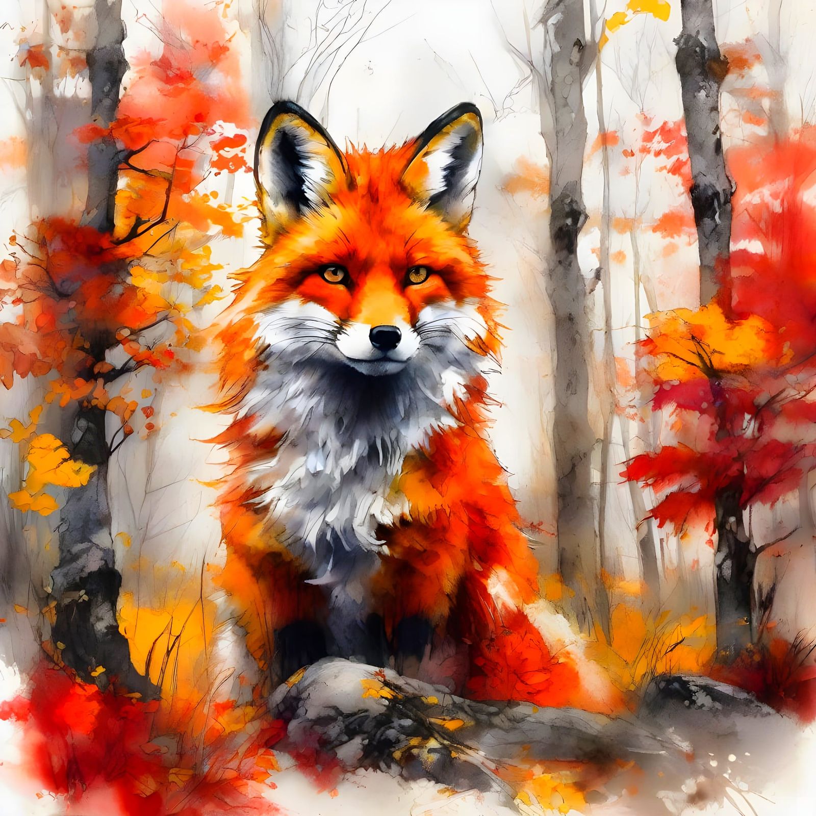 Vibrant Fox in Autumn Forest Ink Wash