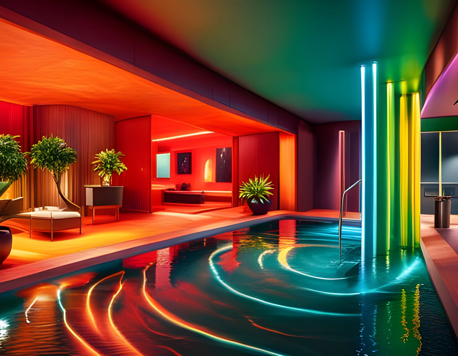 Retrofuturistic Pool Scene in Pop Art Colors