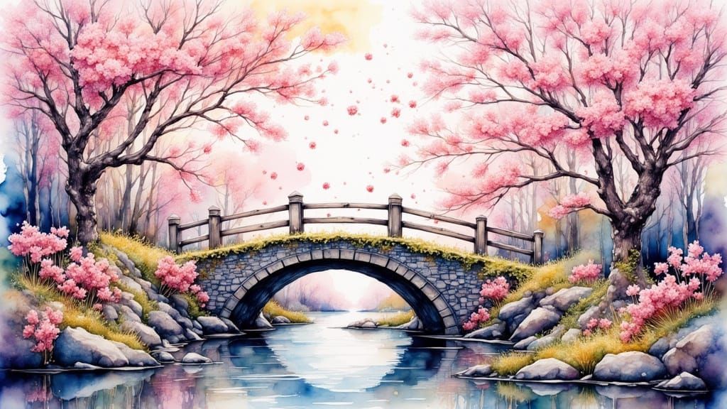 Stone Bridge Landscape with Cherry Blossoms in Watercolor