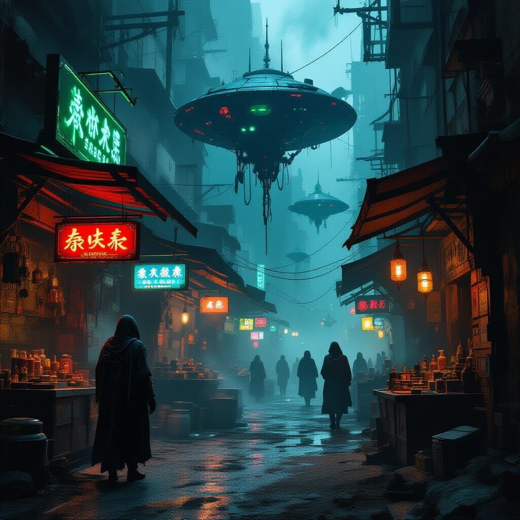Alien Black Market in Crumbling Cyberpunk Megacity