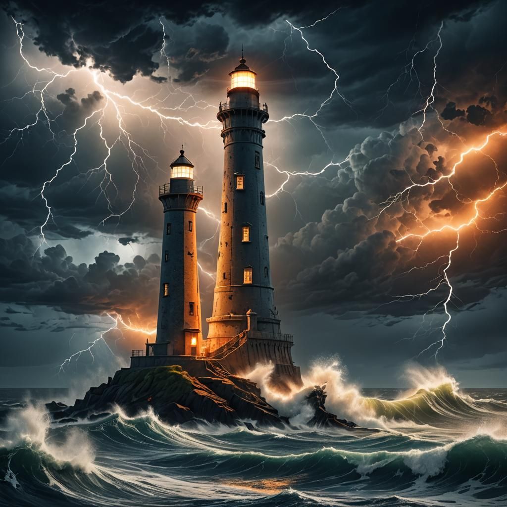 Dramatic Lighthouse in Stormy Sea as Matte Painting