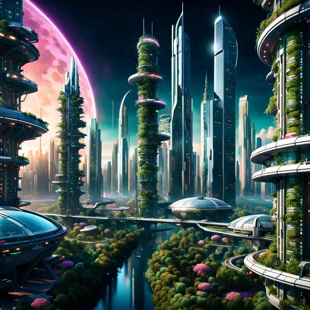 Utopian Metropolis in Orbit: A Cyberpunk Vision